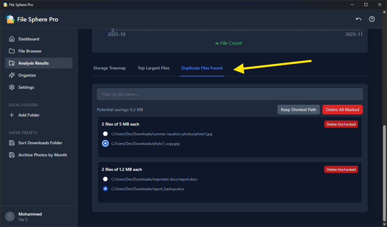 Screenshot of File Sphere Pro's Powerful Duplicate Finder interface